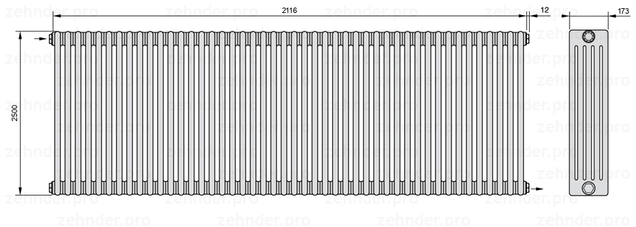 Схема (чертеж) Радиатор Zehnder Charleston 5250/46 №1670 Белый глянцевый RAL 9016